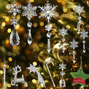 18 adornos de cristal de Navidad, decoración de árbol de Navidad, copos de nieve acrílicos, carámbanos, adornos de cristal transparente para 18 adornos de cristal de Navidad, decoración de árbol de Navidad, copos de nieve acrílicos, carámbanos, adornos de cristal transparente para
