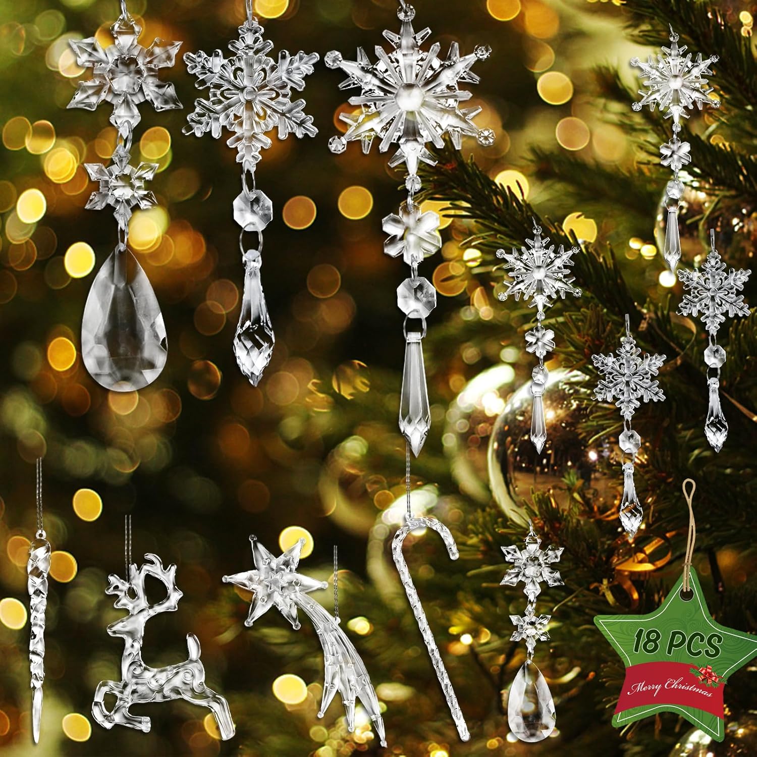 18 adornos de cristal de Navidad, decoración de árbol de Navidad, copos de nieve acrílicos, carámbanos, adornos de cristal transparente para
