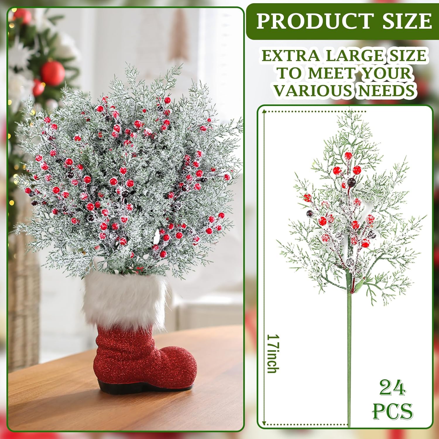 Yinder 24 piezas de bayas rojas de Navidad de 17 pulgadas nevadas artificiales esmeriladas bayas rojas de acebo picas de cedro, tallos de pino,