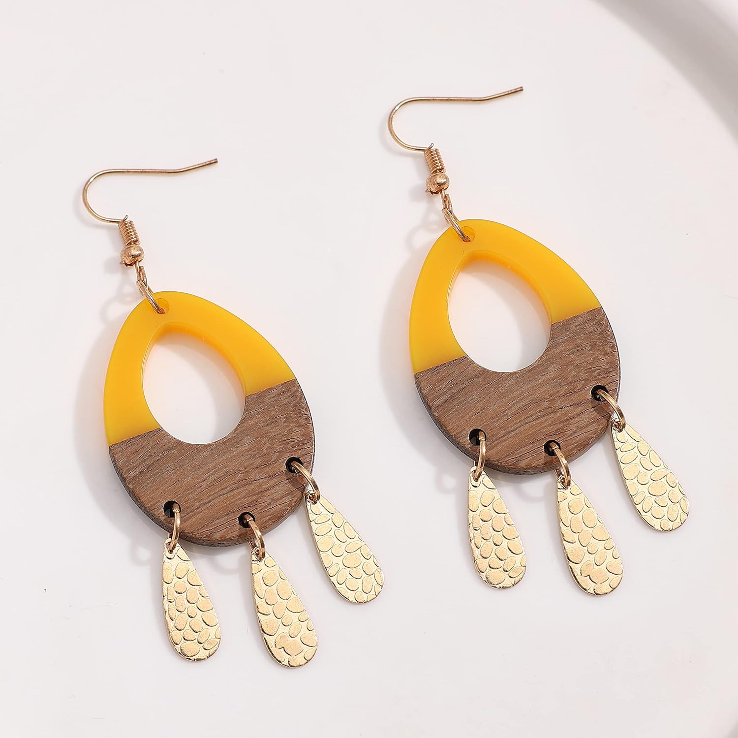 Wooden Earrings for Women Girls Handmade Bohemian Retro Lightweight Wood Acrylic Resin Geometric Hollow Teardrop Metal Tassel Dangle Drop Statement