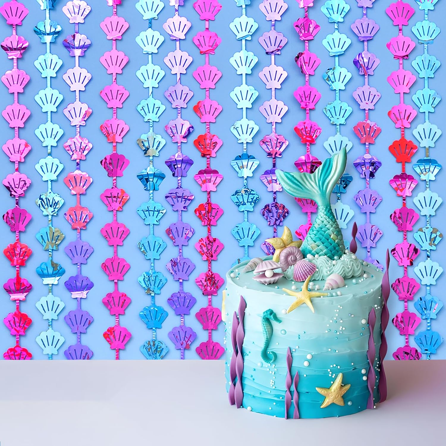 Cortinas de flecos de aluminio con temática de sirena, decoraciones de cumpleaños de sirena, 2 paquetes de 3.3 x 6.6 pies, color azul, morado y