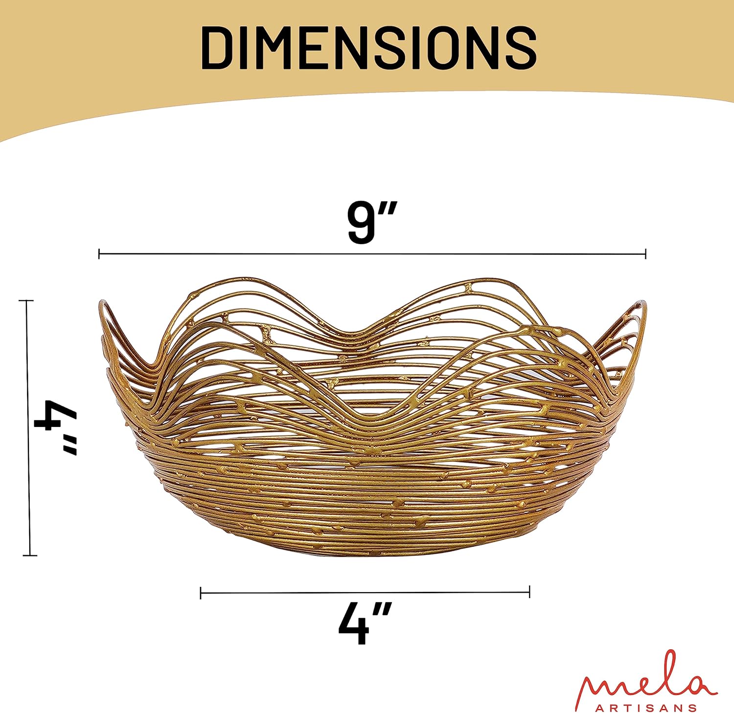Mela Artisans Cesta de frutas de alambre dorado para encimera de cocina, mediana, diseño de Gurez Valley, cesta redonda decorativa de alambre