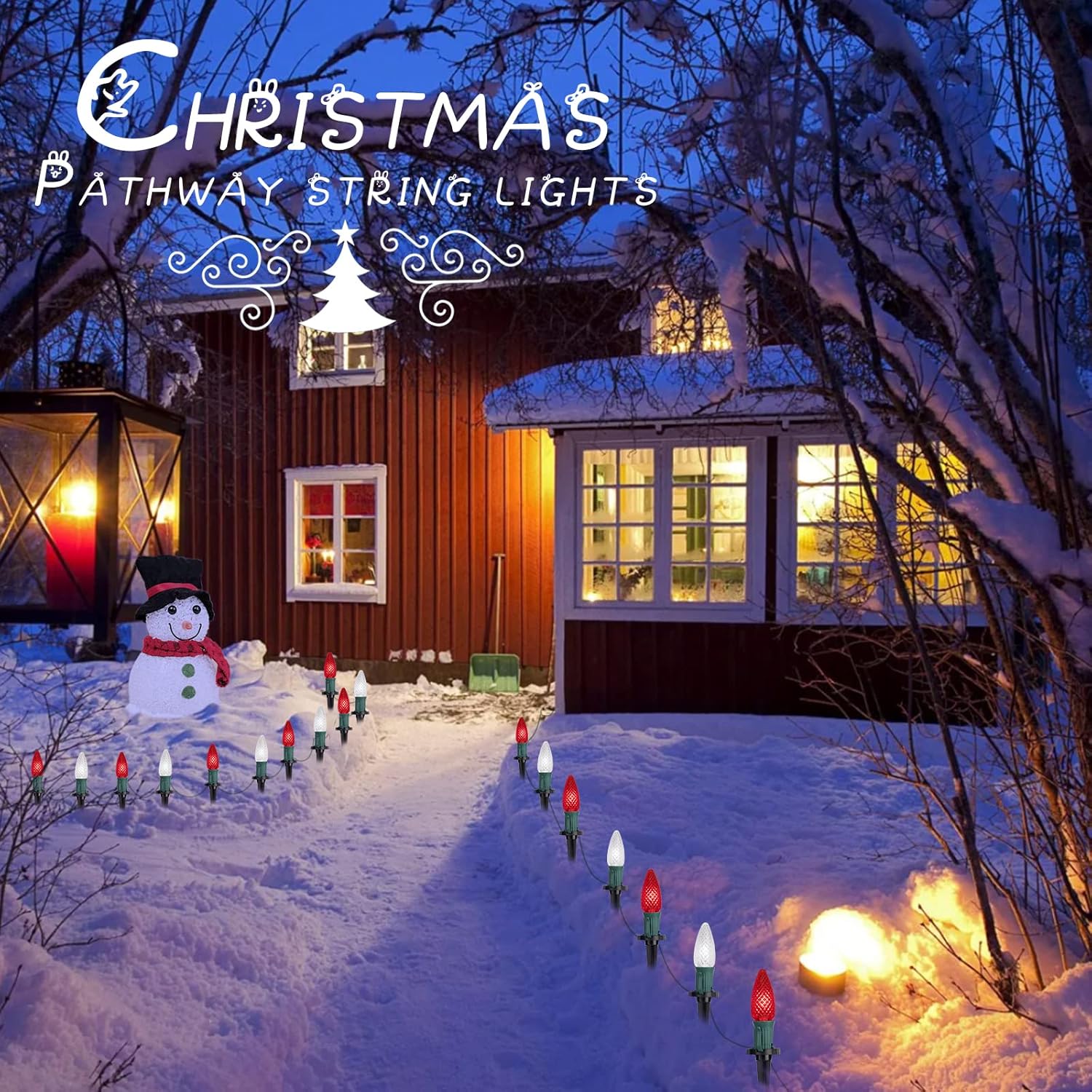 Luces LED C9 de Navidad para exteriores con estacas, 25.7 pies, 20 luces LED C9 de fresa, conectables, inastillables, marcador de luces de camino