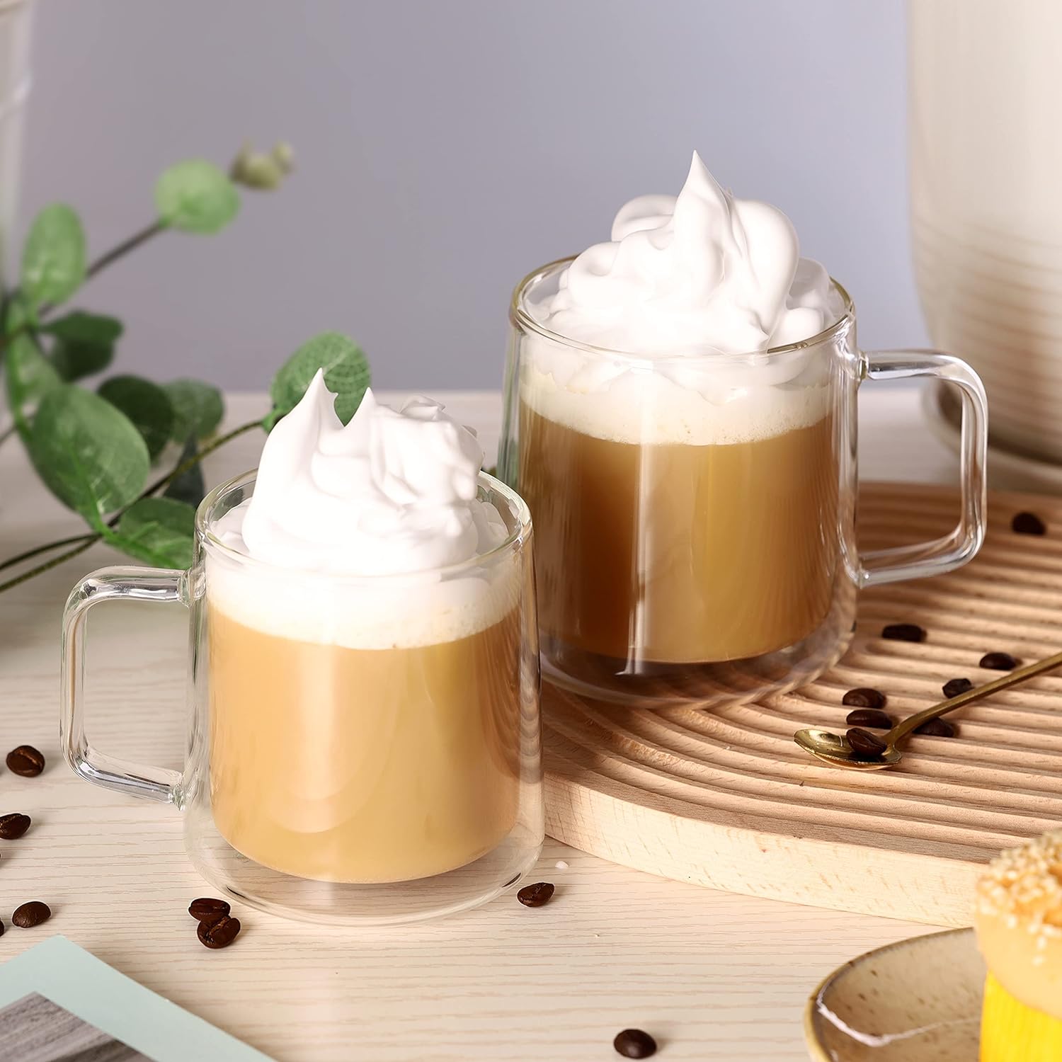 CNGLASS Tazas de café de vidrio de 15.2 onzas, tazas de vidrio aisladas de doble pared con asa, tazas de espresso transparentes para café con leche,