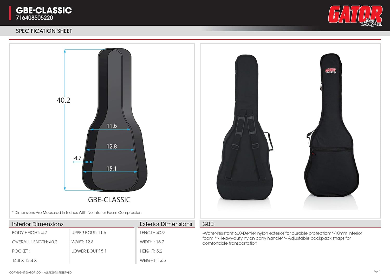 Gator Cases Gig Bag – Funda para guitarras acústicas de estilo clásico (GBE-CLASSIC), color negro