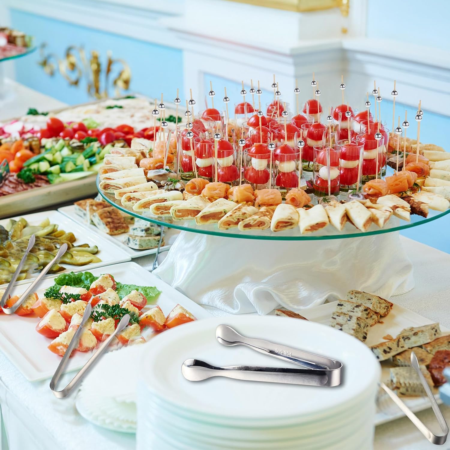 Juego de mini tenedores de cóctel y pinzas para servir para fiesta de boda, incluye pinzas, tenedores desechables para aperitivos, palillos de