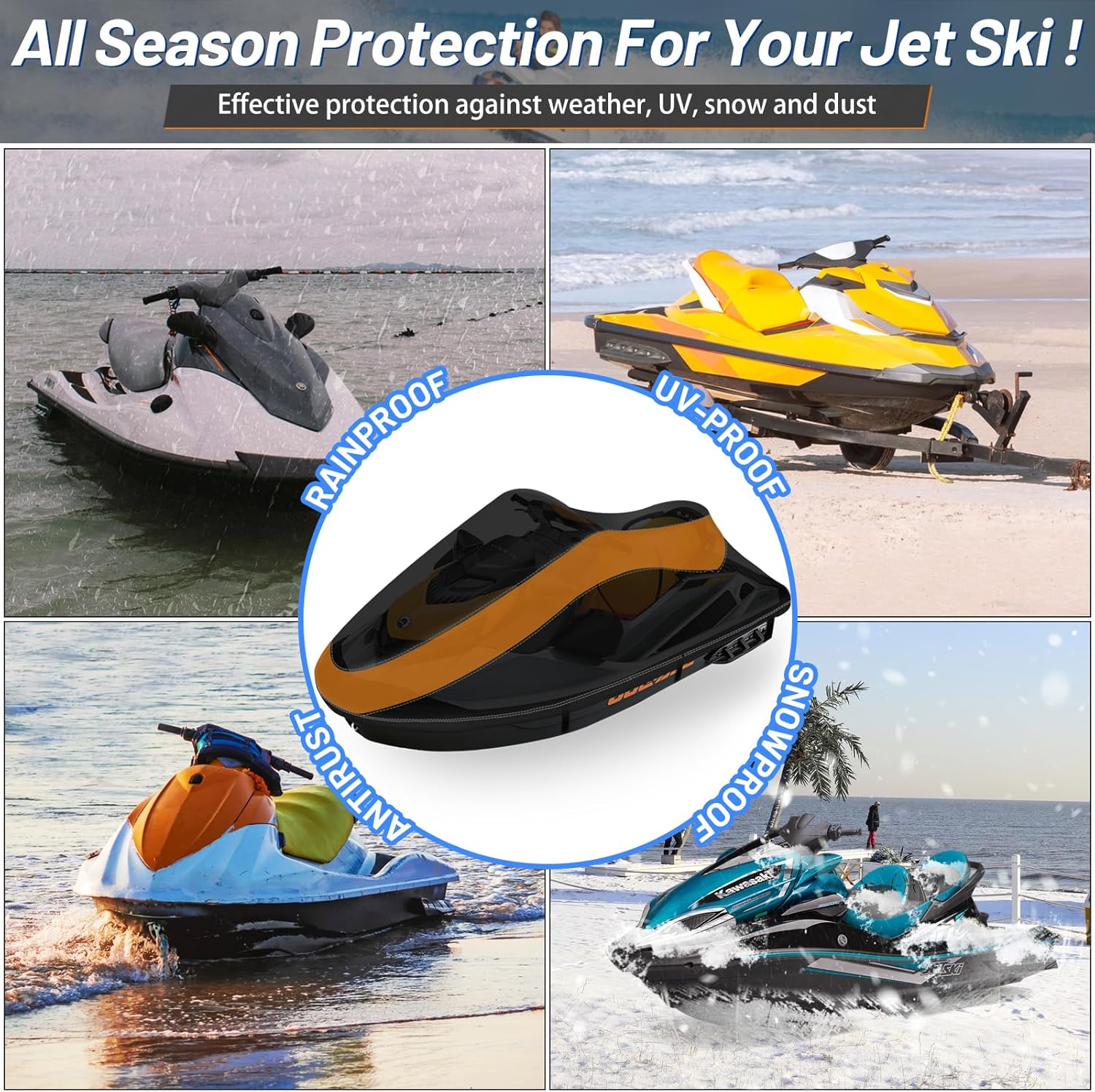 Funda para moto acuática, impermeable, resistente al desgarro y a la decoloración, con 3 hebillas resistentes al viento y ventilación de aire