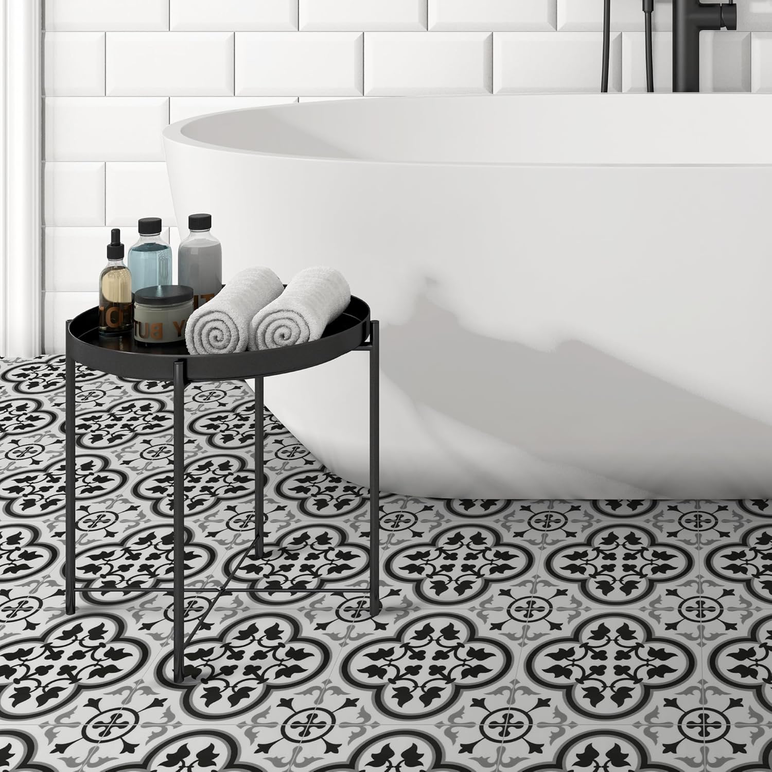 Azulejo de suelo y pared para baño y cocina. Azulejo autoadhesivo de vinilo SPC. Azulejo de salpicaduras de lechada con estampado encáustico blanco
