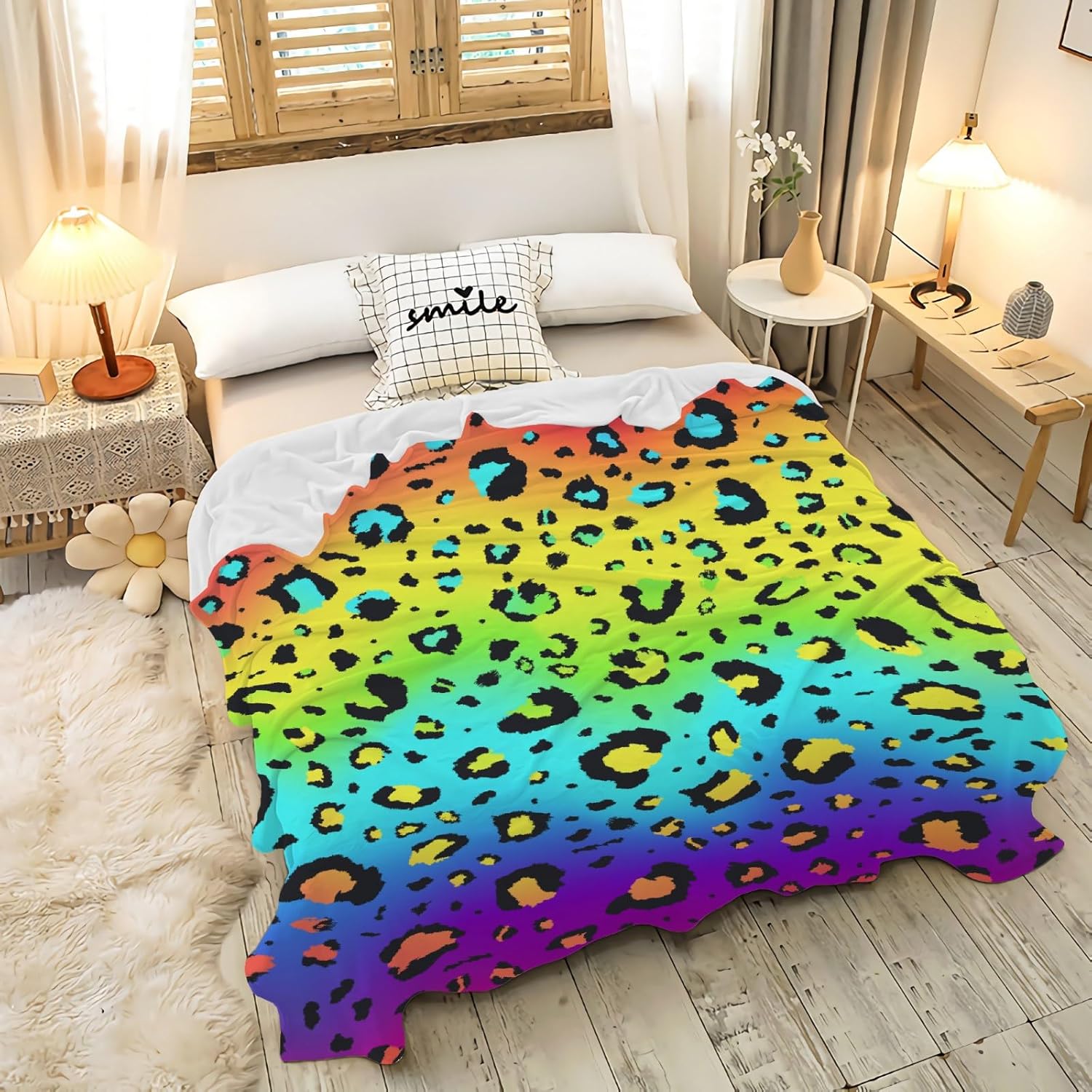 Manta de franela ultrasuave de forro polar neón arcoíris y leopardo para todas las estaciones, manta cálida y acogedora para cama, sofá o sillón, de