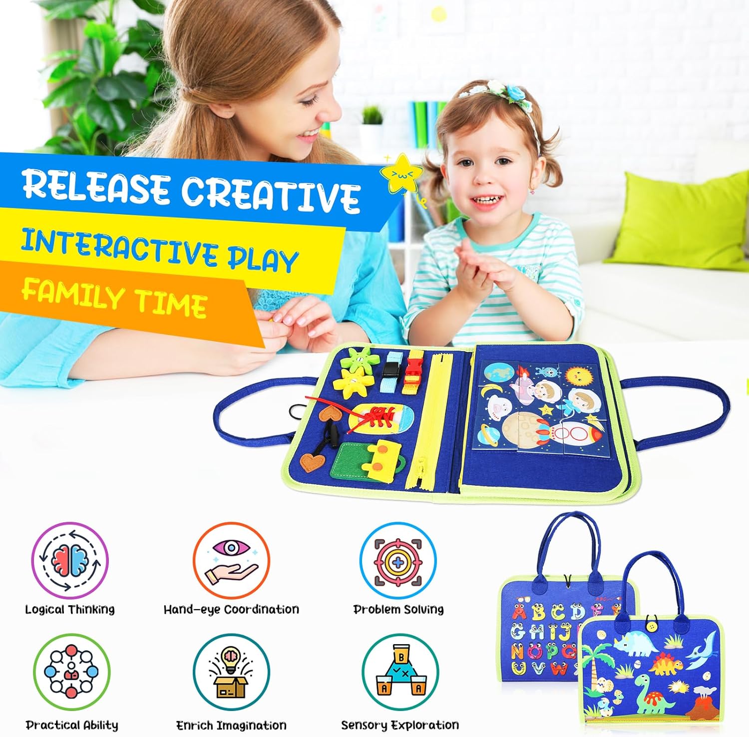 Tablero de actividades, tablero de actividades para niños pequeños de 1 a 4 años, juguetes Montessori para niños pequeños, color azul, 6 páginas