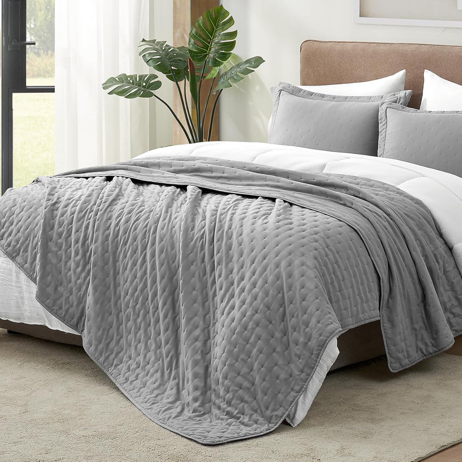 Hansleep Juego de edredón ultrasónico ligero para decoración de cama, colcha para uso en todas las estaciones (puntos grises, matrimonialqueen, 90 x