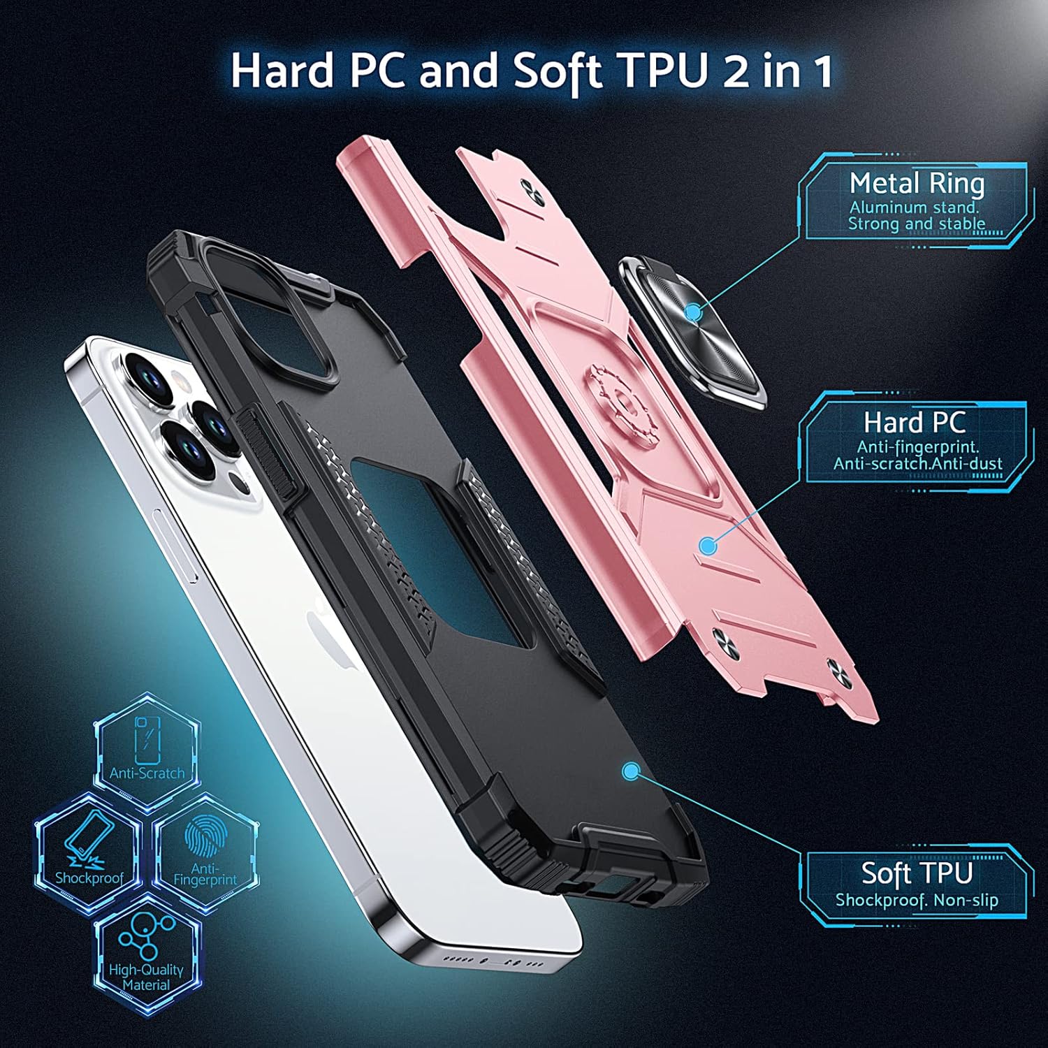 Anqrp Diseñada para iPhone 12 y iPhone 12 Pro, funda protectora de grado militar con anillo de metal mejorado soporte magnético compatible con