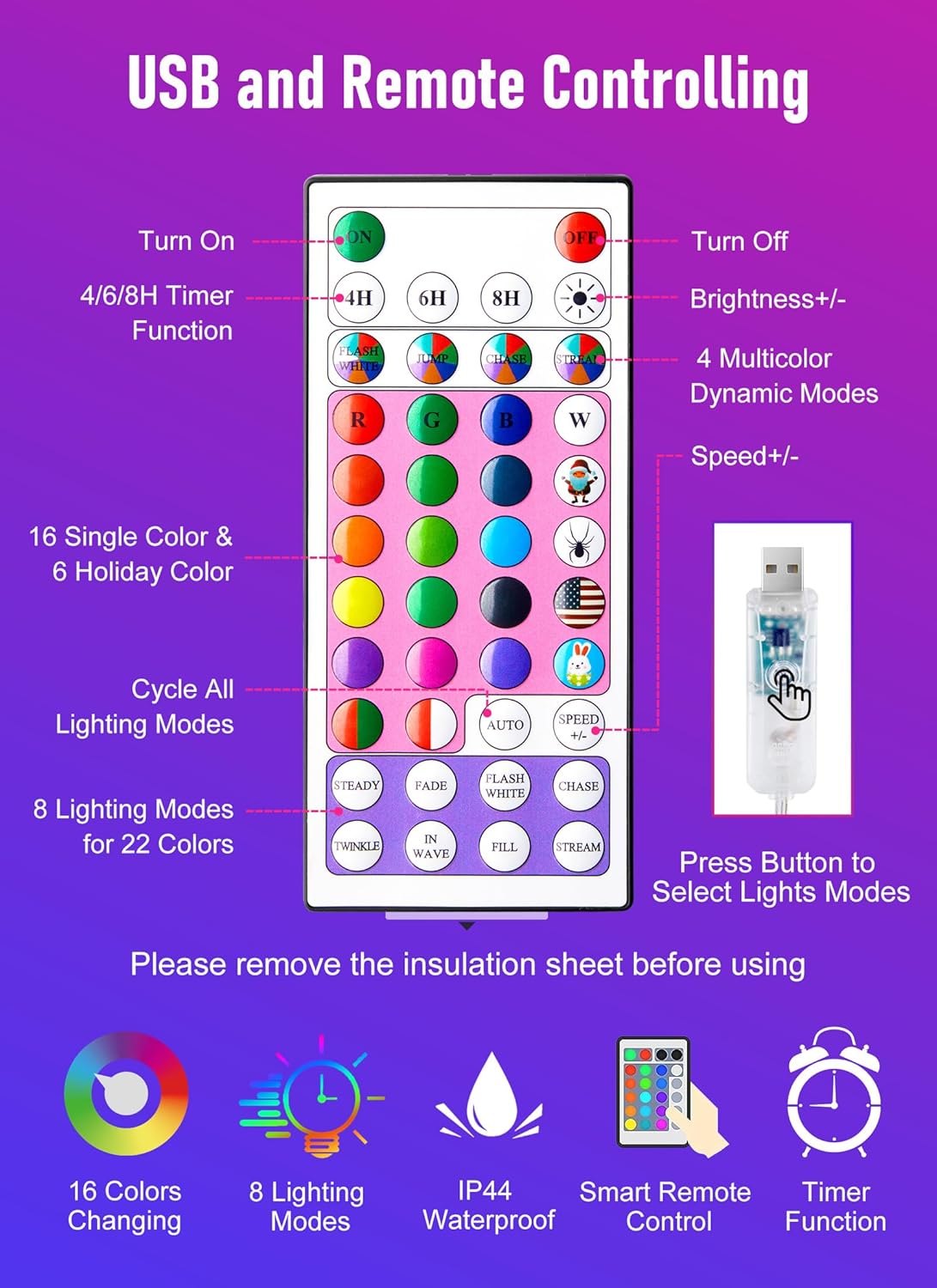 Guirnalda de luces que cambian de color  Cadena de 200 luces LED de 66 pies con control remoto, 22 colores que cambian de luces parpadeantes con 12