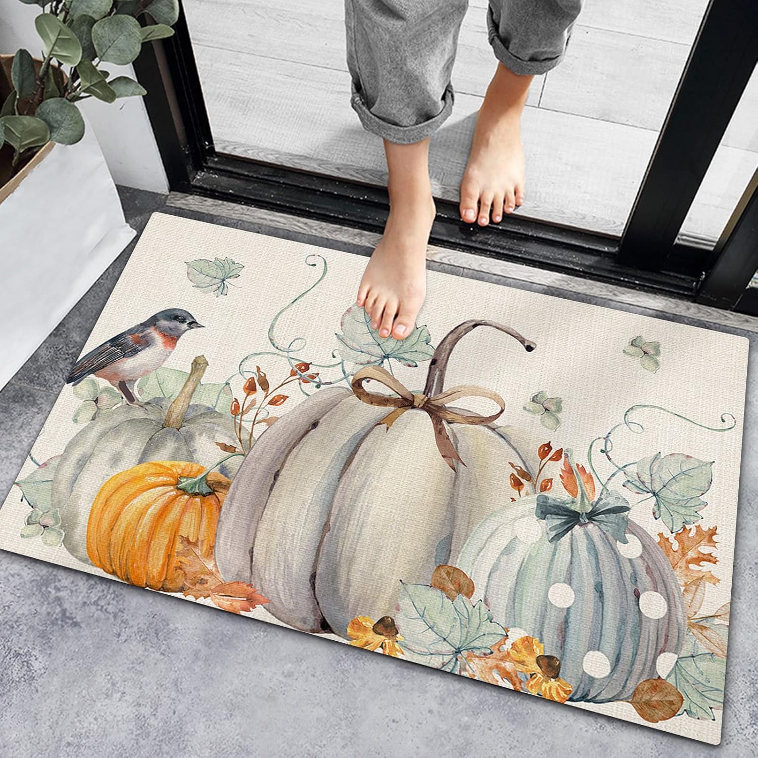 Bath Rugs Entrance Non Slip Front Door Mat Thanksgiving Pumpkin Birds Maple Leaves Kitchen Carpets Fall Harvest Retro Floor Mats for Bathroom