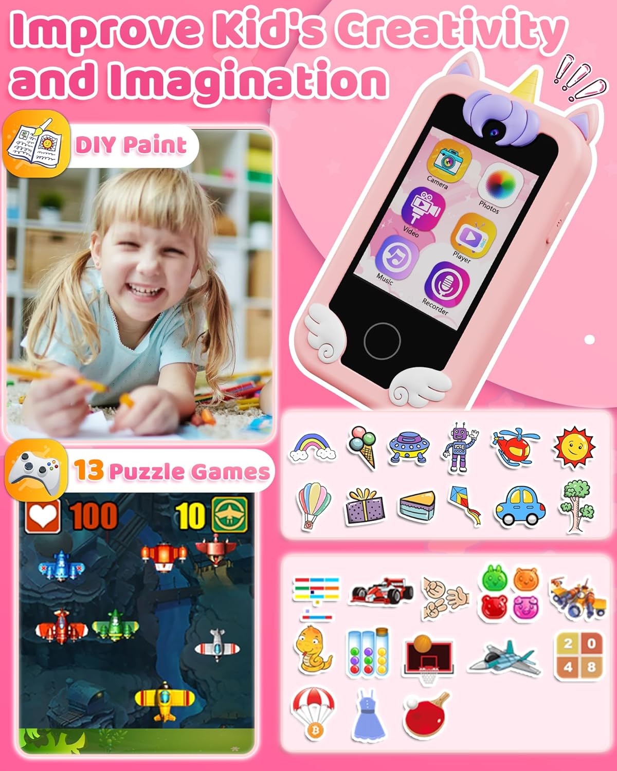 Juguete de teléfono inteligente para niños de 3, 4, 5, 6 años, regalos de unicornio, reproductor de música MP3, juguetes de viaje de doble cámara