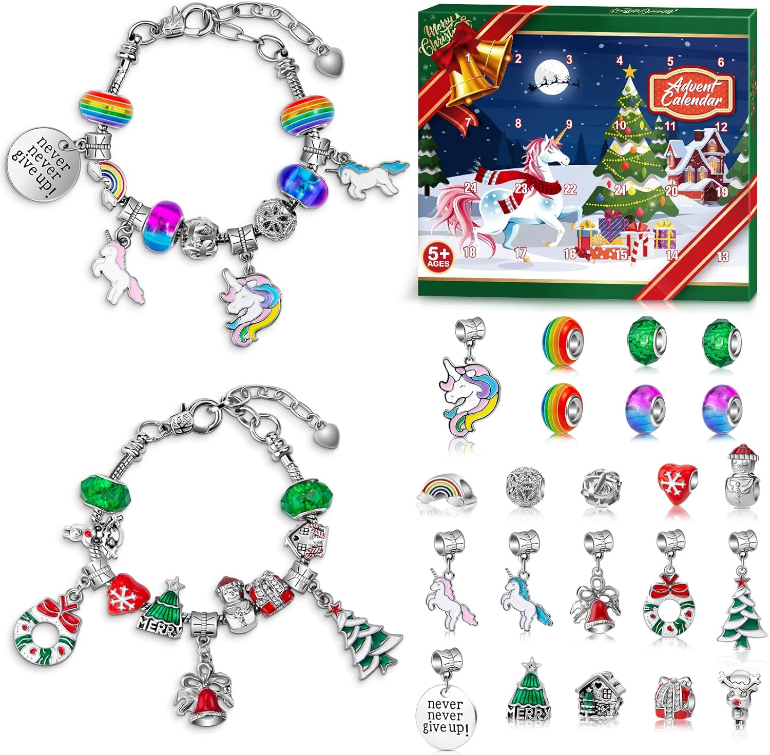 Calendario de Adviento 2023 Kit de fabricación de pulseras de unicornio para niñas, calendario de cuenta regresiva de 24 días de Navidad con 2