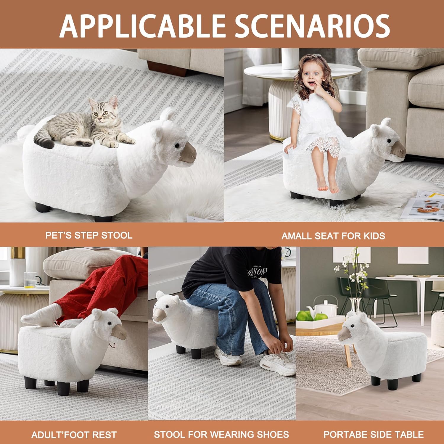 Reposapiés otomano de animales de felpa, decoración adorable y funcional para sala de estar, guardería y dormitorio (edición de alpaca)