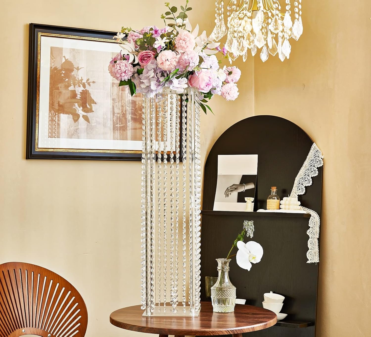 Soporte de flores de columna de acrílico con cuentas de cristal de araña, 2 piezas de 31.5 pulgadas, jarrones altos de acrílico para centros de