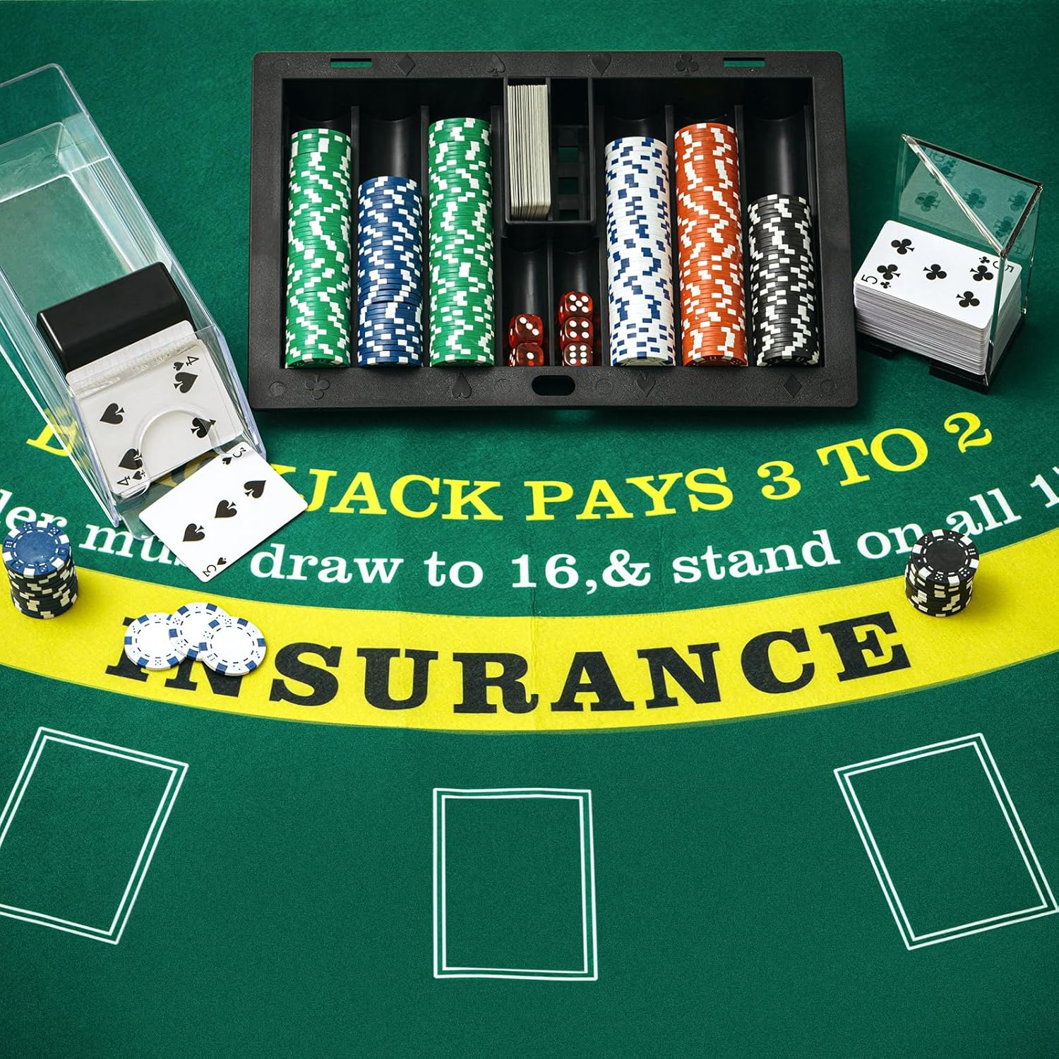 Honoson Bandeja de fichas de póquer de plástico, bandeja de fichas de distribuidor de póquer negro con 6 zapatos de blackjack y bandeja de desecho,