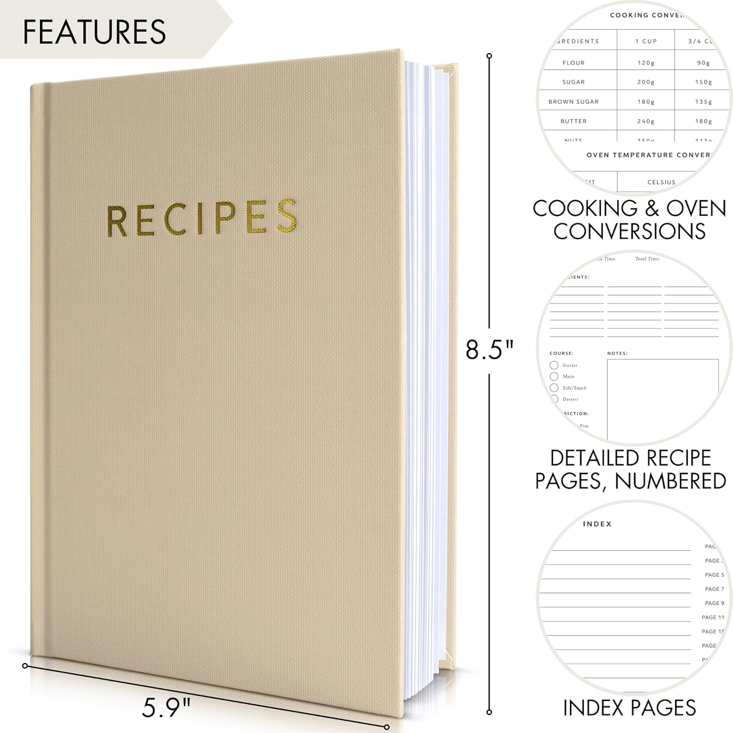 ZICOTO Libro de recetas estético en blanco con cubierta impermeable, el cuaderno de recetas perfecto para escribir en tus propias recetas, libro de