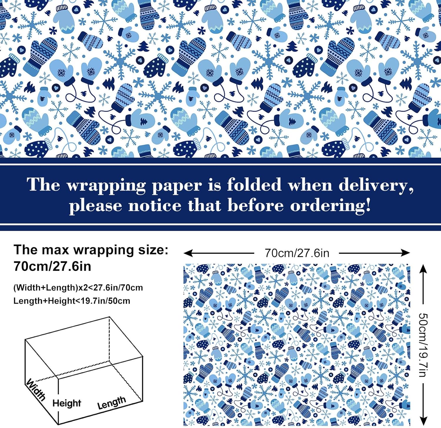 AnyDesign – 12 hojas de papel de regalo de Navidad, papel de regalo de invierno azul y blanco, copos de nieve a granel, papel de arte de árbol de