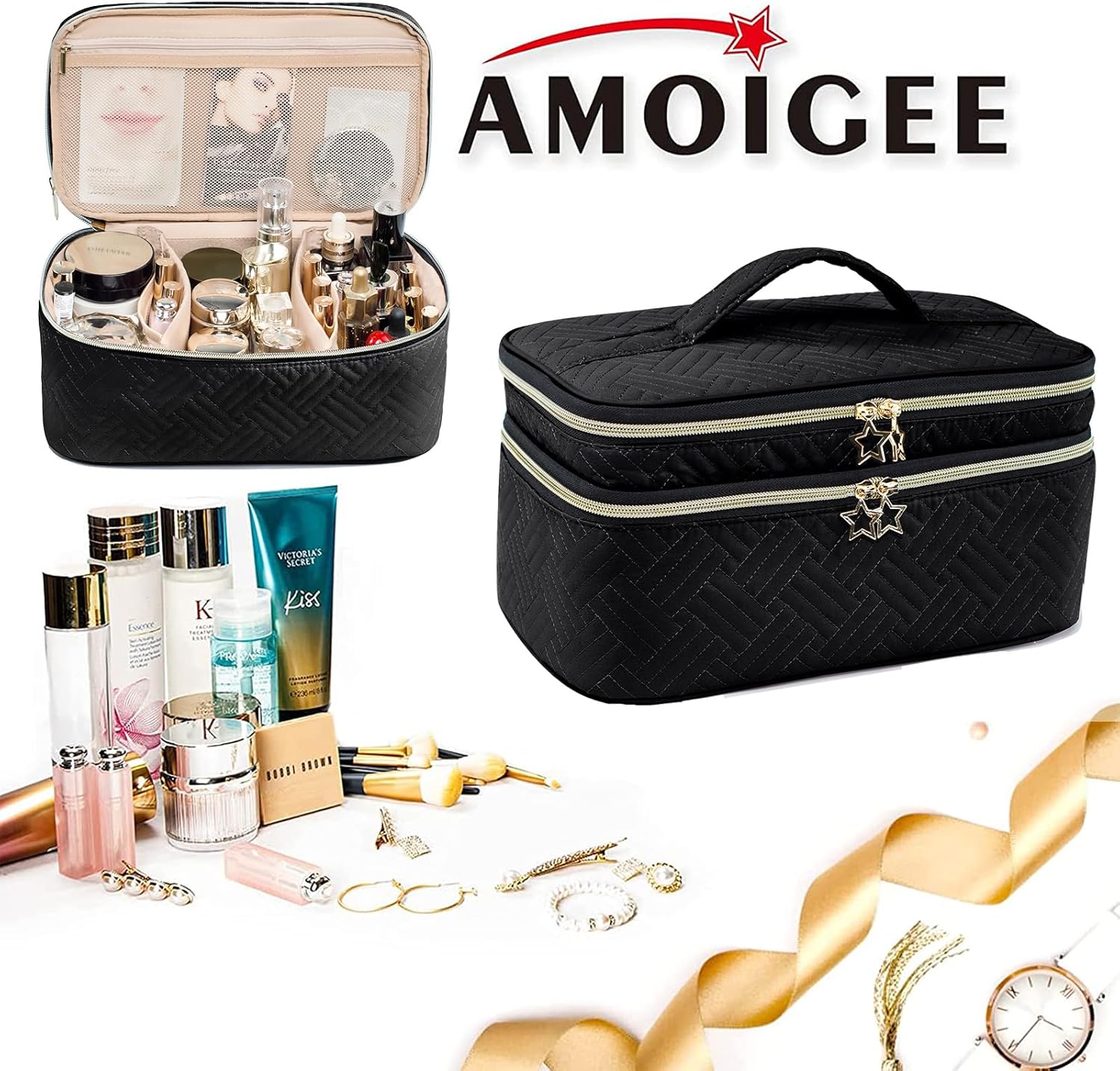 AMOIGEE Bolsa de maquillaje grande, organizador de bolsa de maquillaje de viaje, estuche de tren de doble capa, bolsa de maquillaje, bolsa de aseo