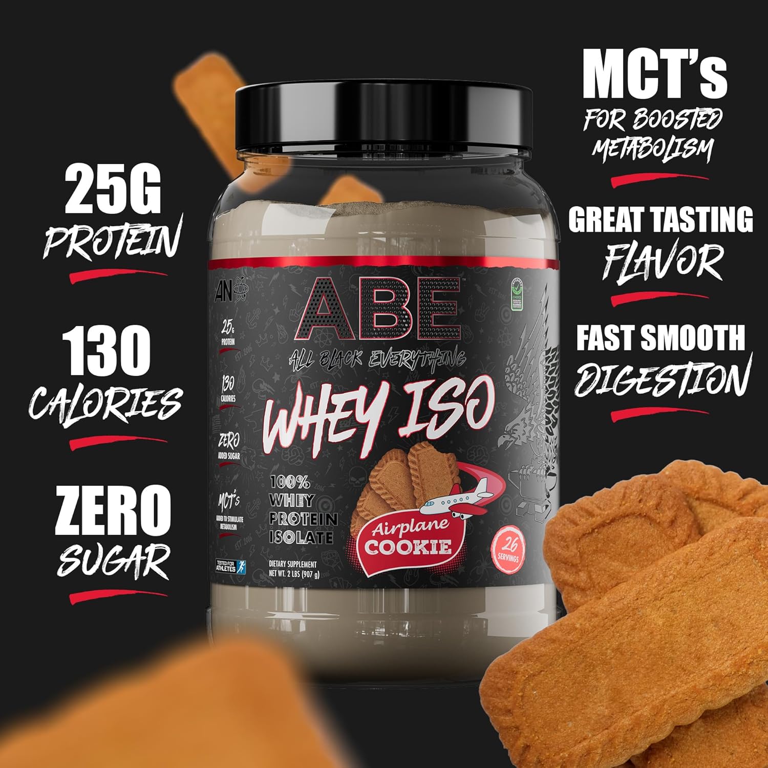 ABE Whey ISO – All Black Everything 100% aislado de proteína de suero con trozos de golosinas de avión de azúcar marrón  Después del entrenamiento,
