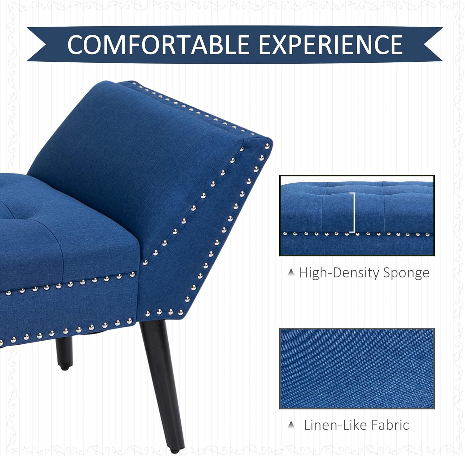 HOMCOM Moderno banco otomano tapizado de tela decorativa para dormitorio o sala de estar, color azul