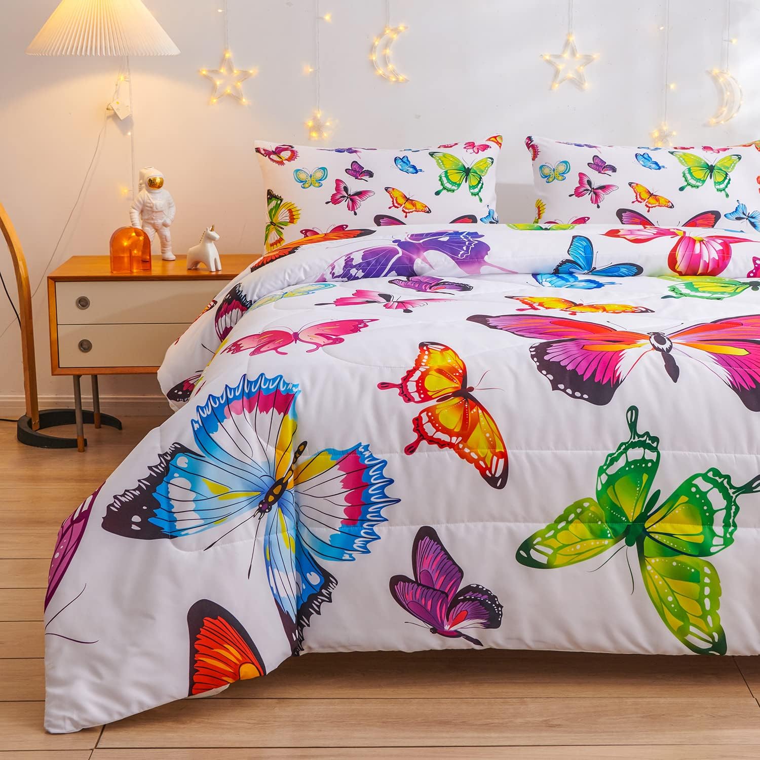 Juego de edredón de mariposa, patrón para niños y niñas, juegos de edredón decorativos con 2 fundas de almohada, tamaño Queen
