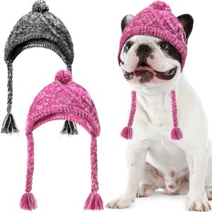 Gorro de invierno para perro, 2 piezas, cálido gorro de pompón, gorro de punto para perro cachorro con agujeros para las orejas, gorro de punto para Gorro de invierno para perro, 2 piezas, cálido gorro de pompón, gorro de punto para perro cachorro con agujeros para las orejas, gorro de punto para
