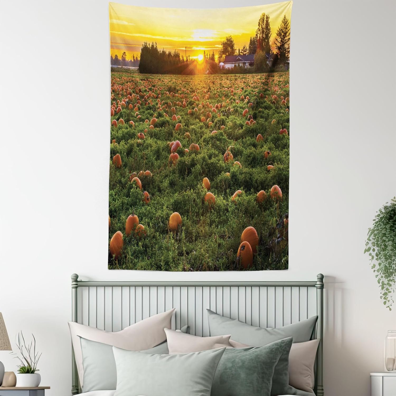Ambesonne Tapiz de calabaza de otoño, tamaño Queen, foto temática de agricultura de otoño, parche de frutas de temporada al atardecer, colcha