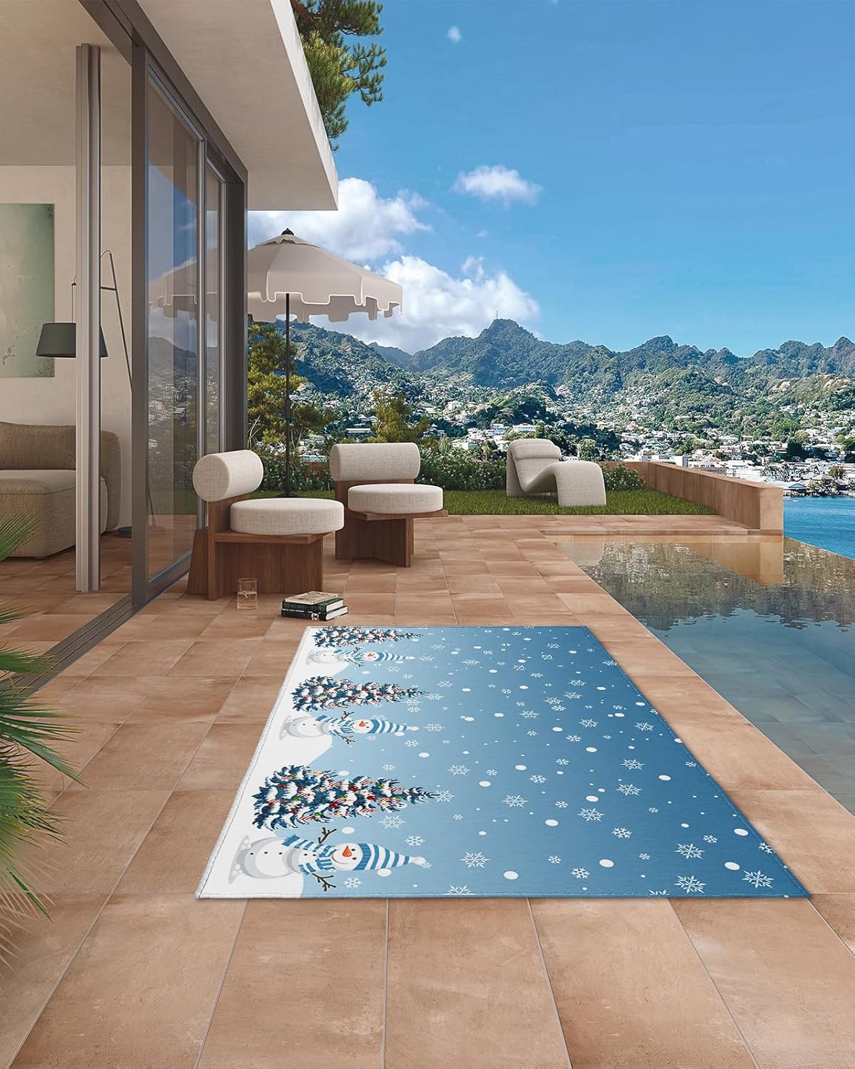 Outdoor Rug Carpet Waterproof 4×6 ft Area Rug, Merry Christmas Snow Xmas Tree Cute Ombre Blue Snowman Snowflake Large Floor Mat for Patio Balcony