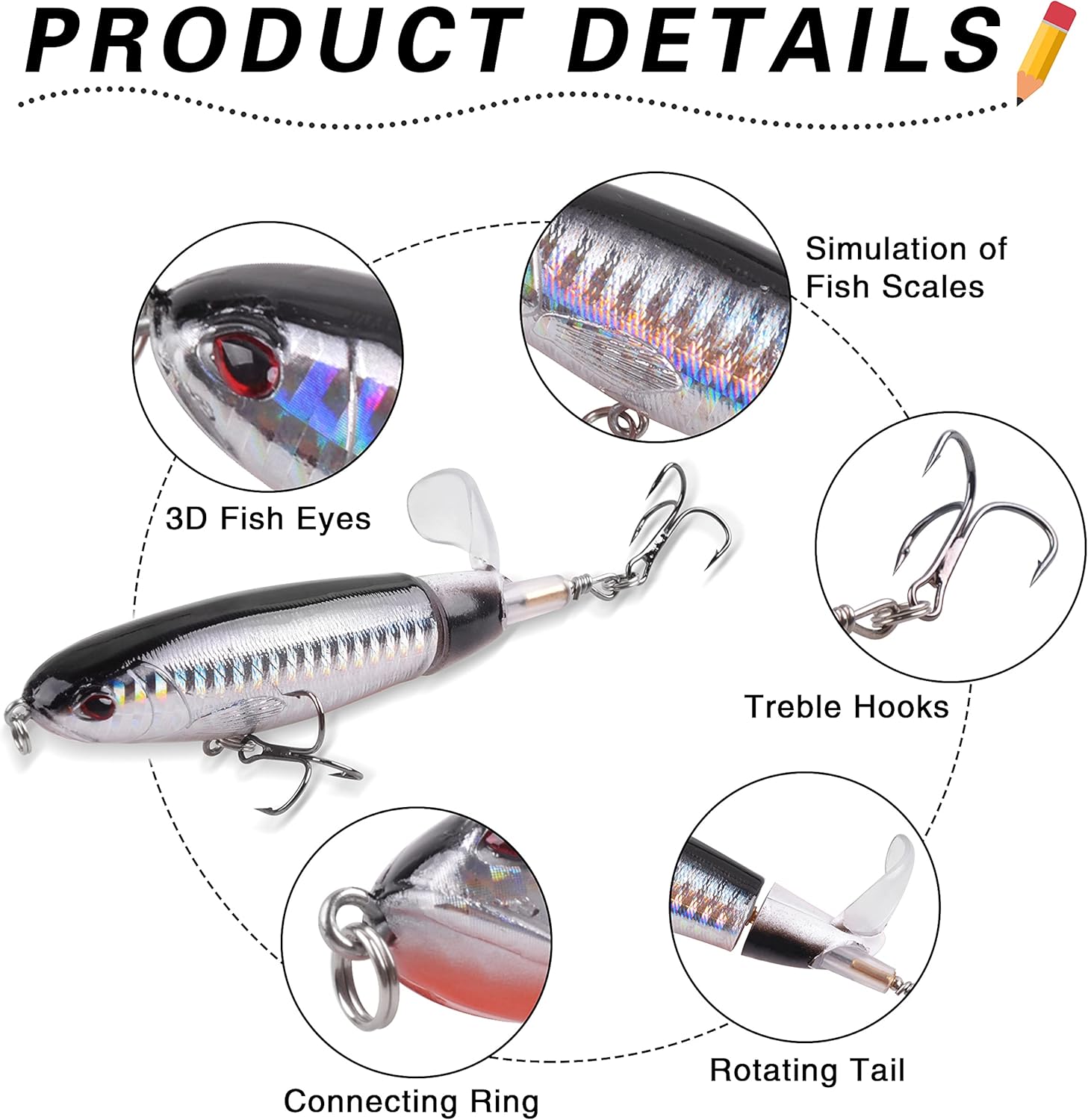 Topwater – Señuelo de pesca de lubina, 5 señuelos de pesca Plopper, minnow con cola giratoria flotante, kit de señuelos para agua dulce y salada,
