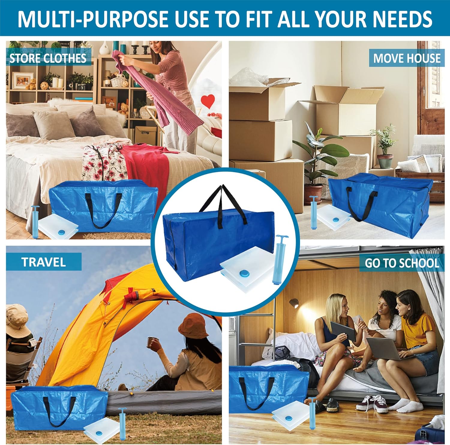 Paquete de 4 bolsas de mudanza extra grandes resistentes con correas de mochila y suministro de almacenamiento al vacío, asas y cremalleras para