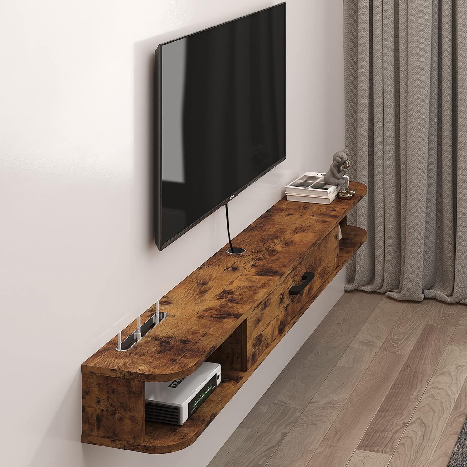 Unidad de TV flotante, mueble de TV montado en la pared de 63 pulgadas, estantes flotantes con puerta, centro de consola multimedia de