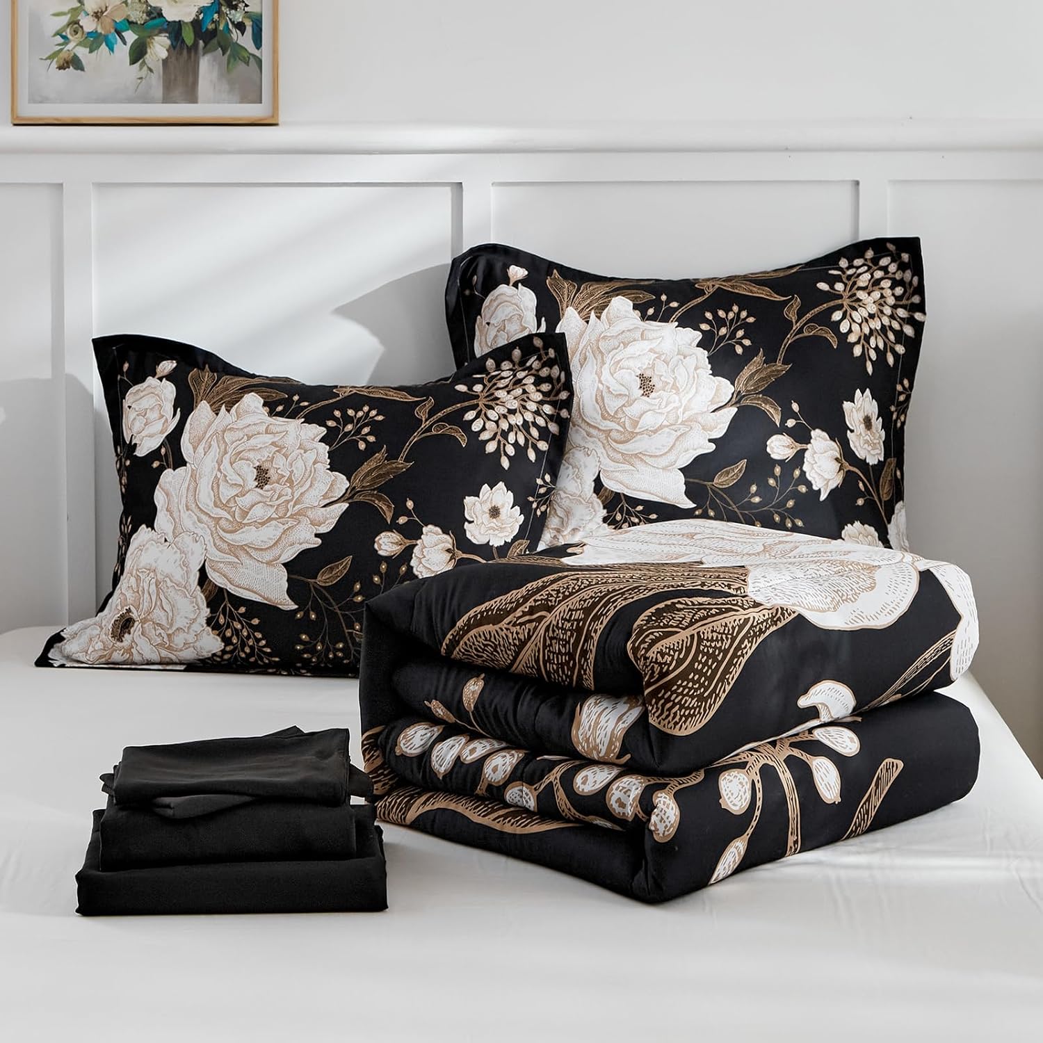 Juego de sábanas de edredón de flores negras, ropa de cama floral en una bolsa, 7 piezas tamaño Queen, juego de ropa de cama de verano de microfibra
