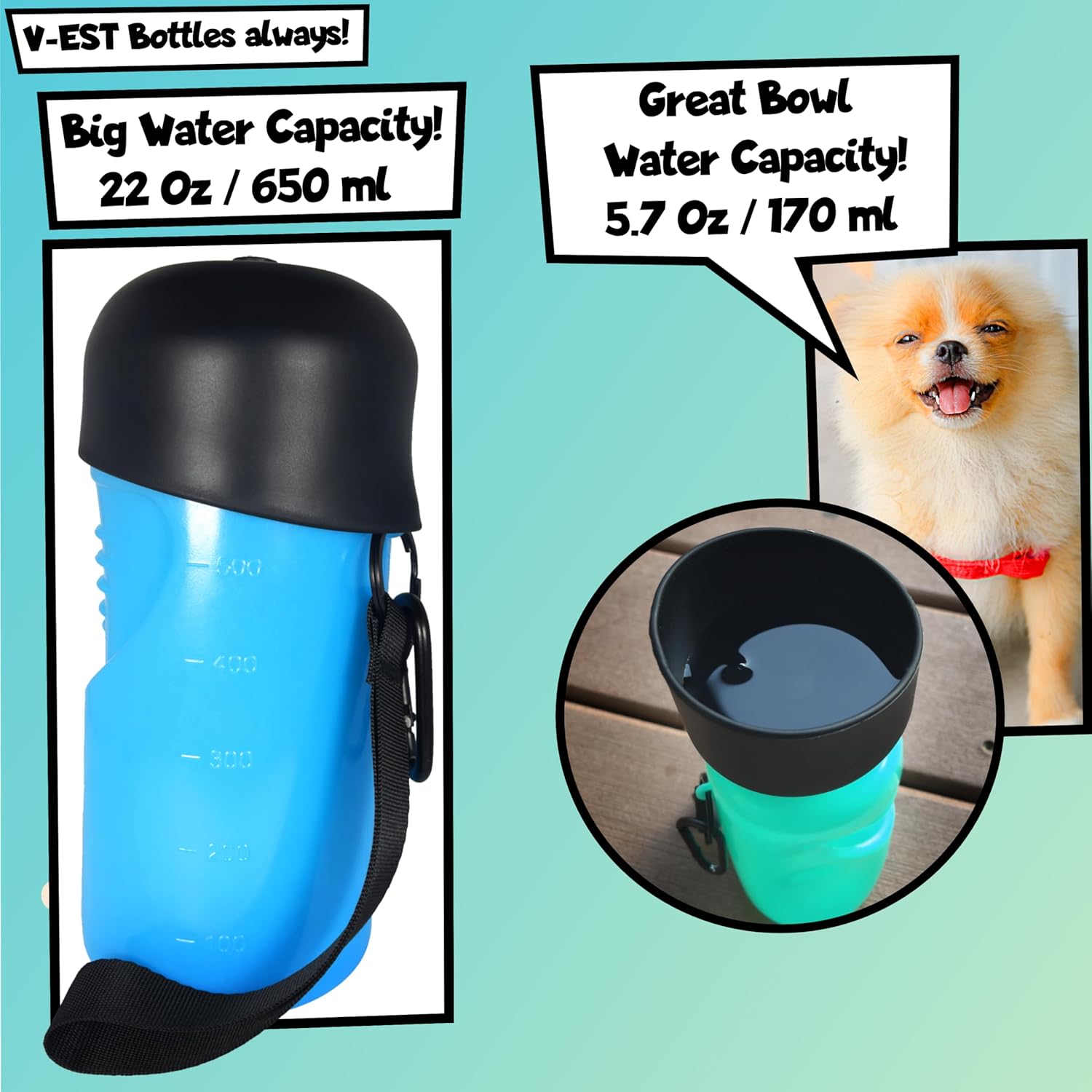 V-EST Botella de agua para perros  Botella de agua de viaje para perros  Botella para perro  Tazón de agua de viaje para mascotas  Botella de agua