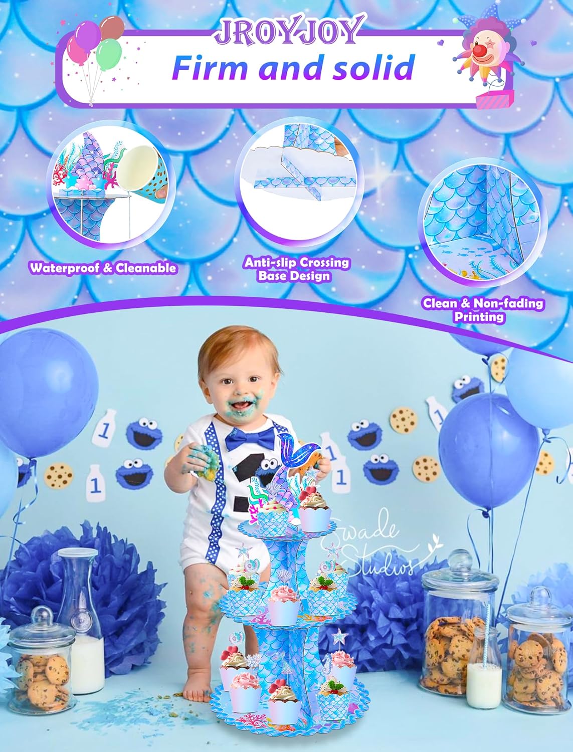 JroyJoy Soporte para cupcakes de sirena, 3 niveles con decoración de tartas y envoltorios de cupcakes y juego de pancartas de feliz cumpleaños,