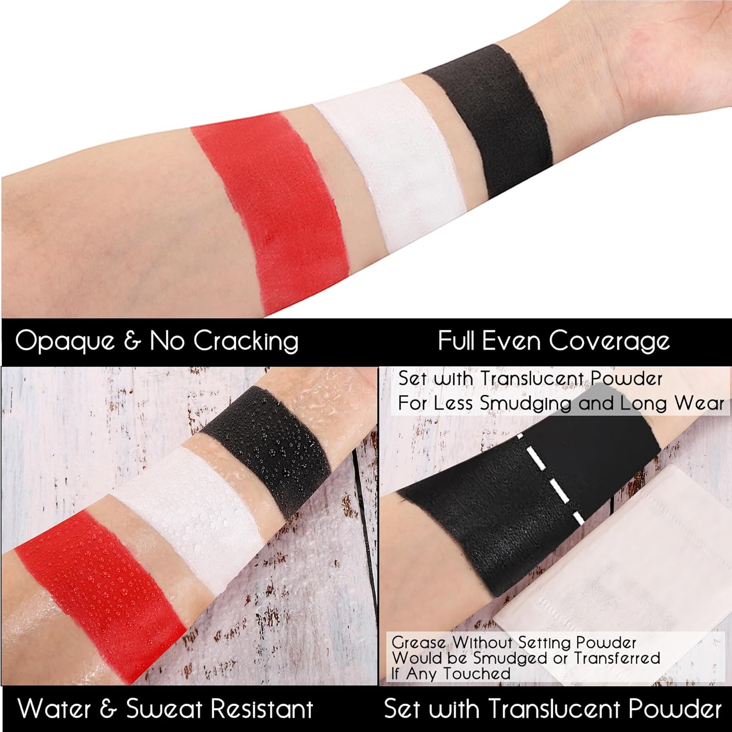 CCBeauty Kit de maquillaje de payaso de Halloween, barra de pintura corporal blanca negra y roja, maquillaje de base de esqueleto bromista, base de