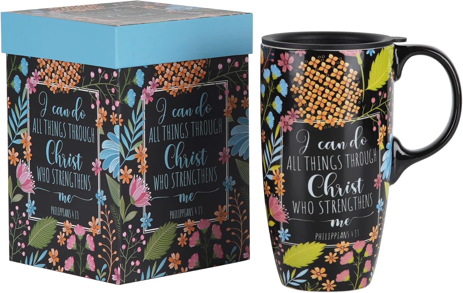 DUSVALLY Taza de cerámica para café, taza de café de viaje, taza de té con leche de porcelana con tapa y caja de color de 17 onzas. Taza alta