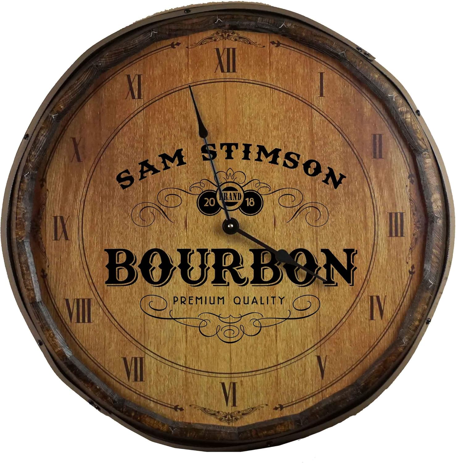 QBB580 – Reloj de pared decorativo grande personalizado con extremo de barril de bourbon (21 pulgadas) con motor de alto par, decoración de barra de