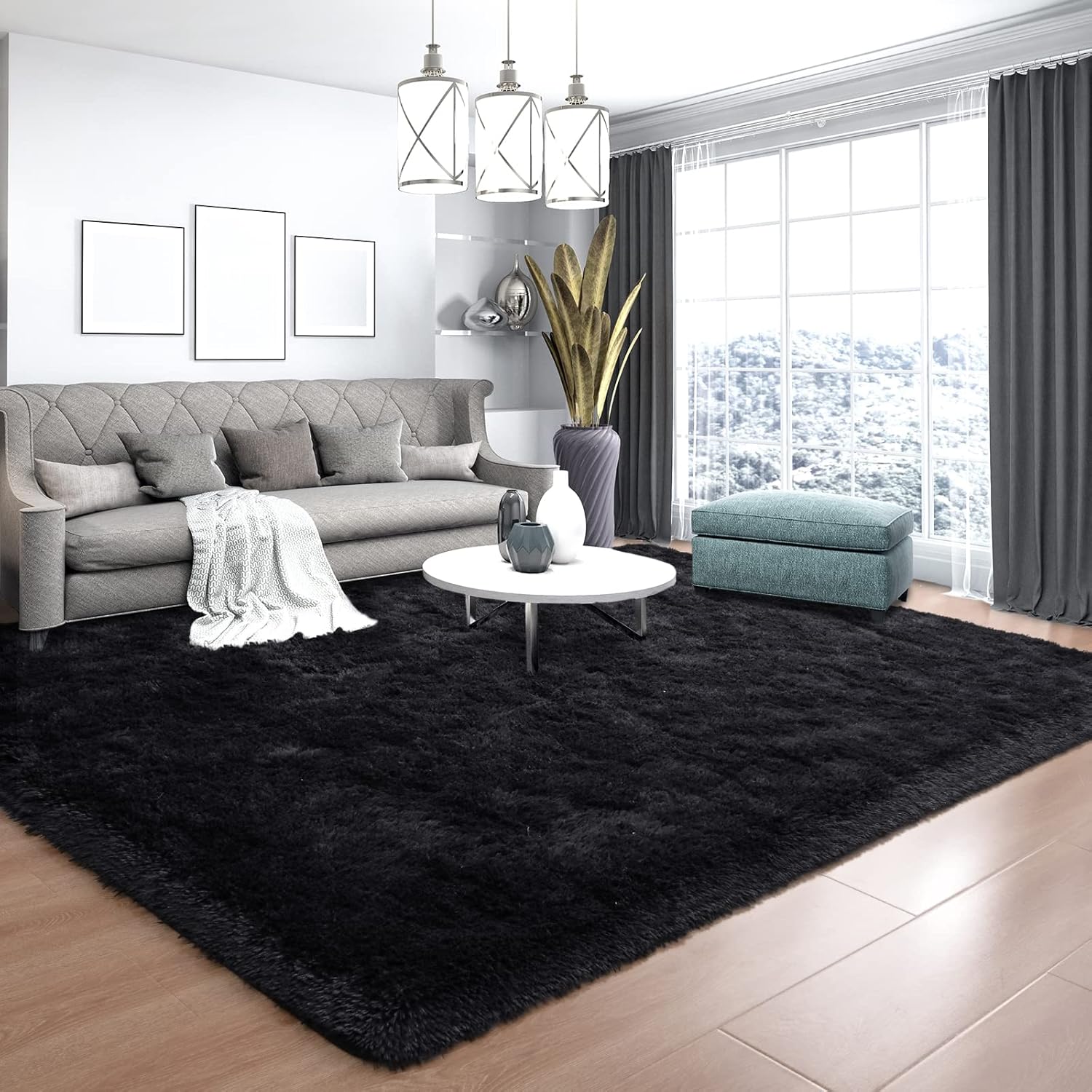 Alfombras negras ultrasuaves para dormitorio, de 7 x 10 pies, alfombras peludas para sala de estar, alfombra peluda grande y cómoda para niños,