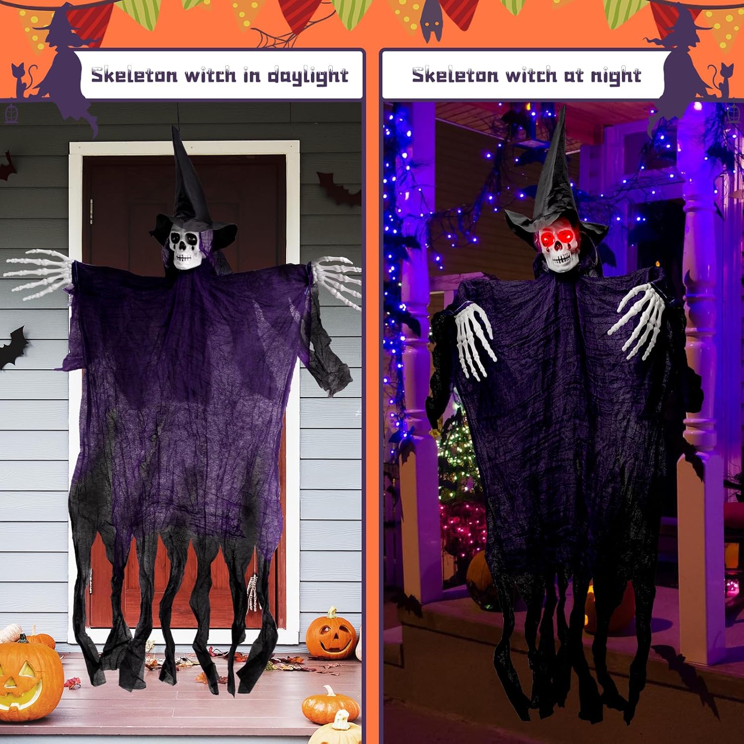Decoración de Halloween, fantasma de esqueleto de bruja colgante, 41.3 pulgadas con ojos brillantes, decoraciones de Halloween para exteriores,