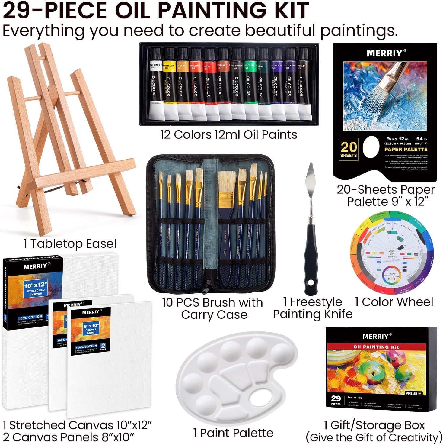 MERRIY Juego de pintura al óleo para artistas, kit de suministros de pintura premium con caballete de mesa, pinturas al óleo de 12 colores, lienzo