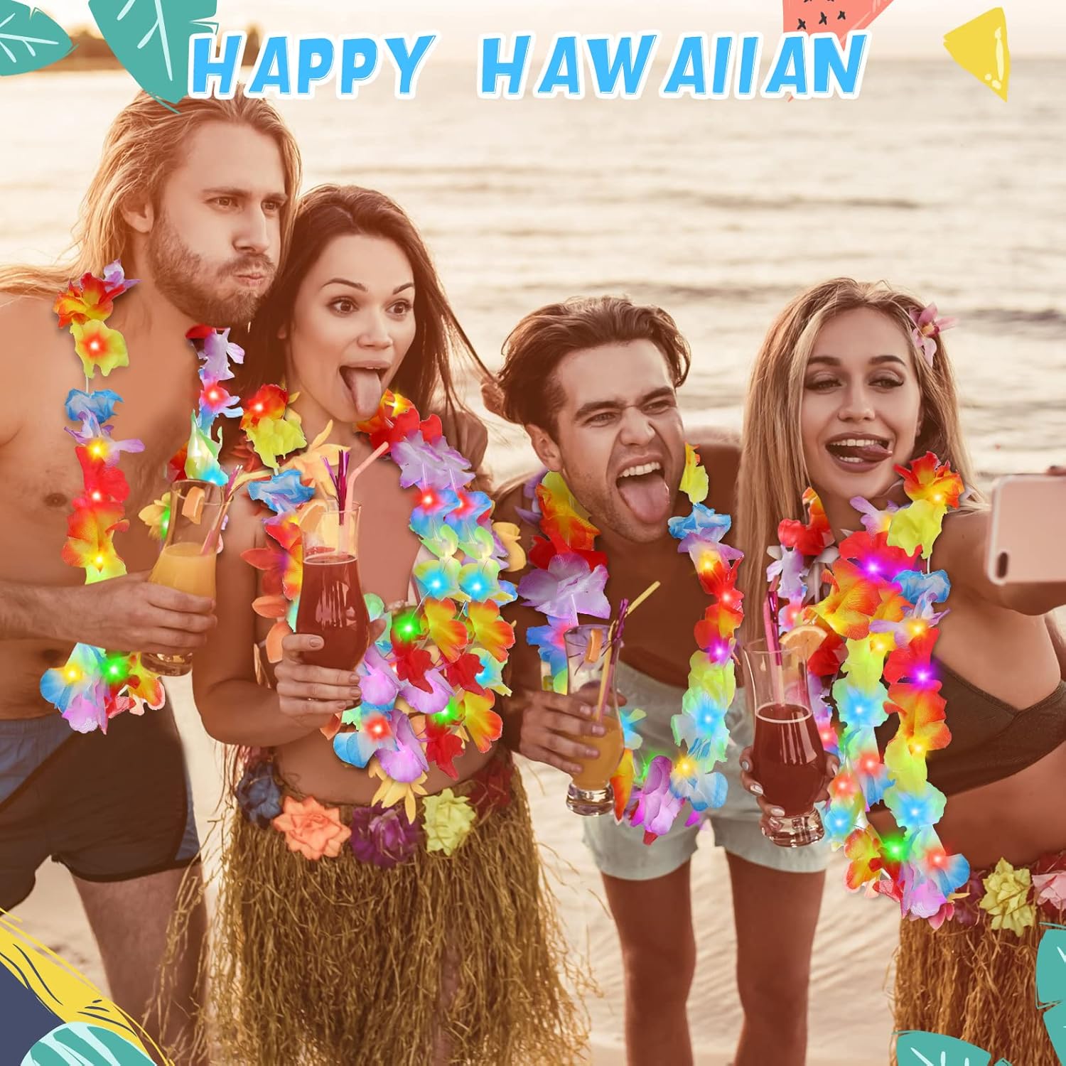 Sherr 24 piezas de Leis hawaiano con luz LED, collar de Leis hawaiano con luces LED, suministros de fiesta de carnaval tropical Luau Leis para