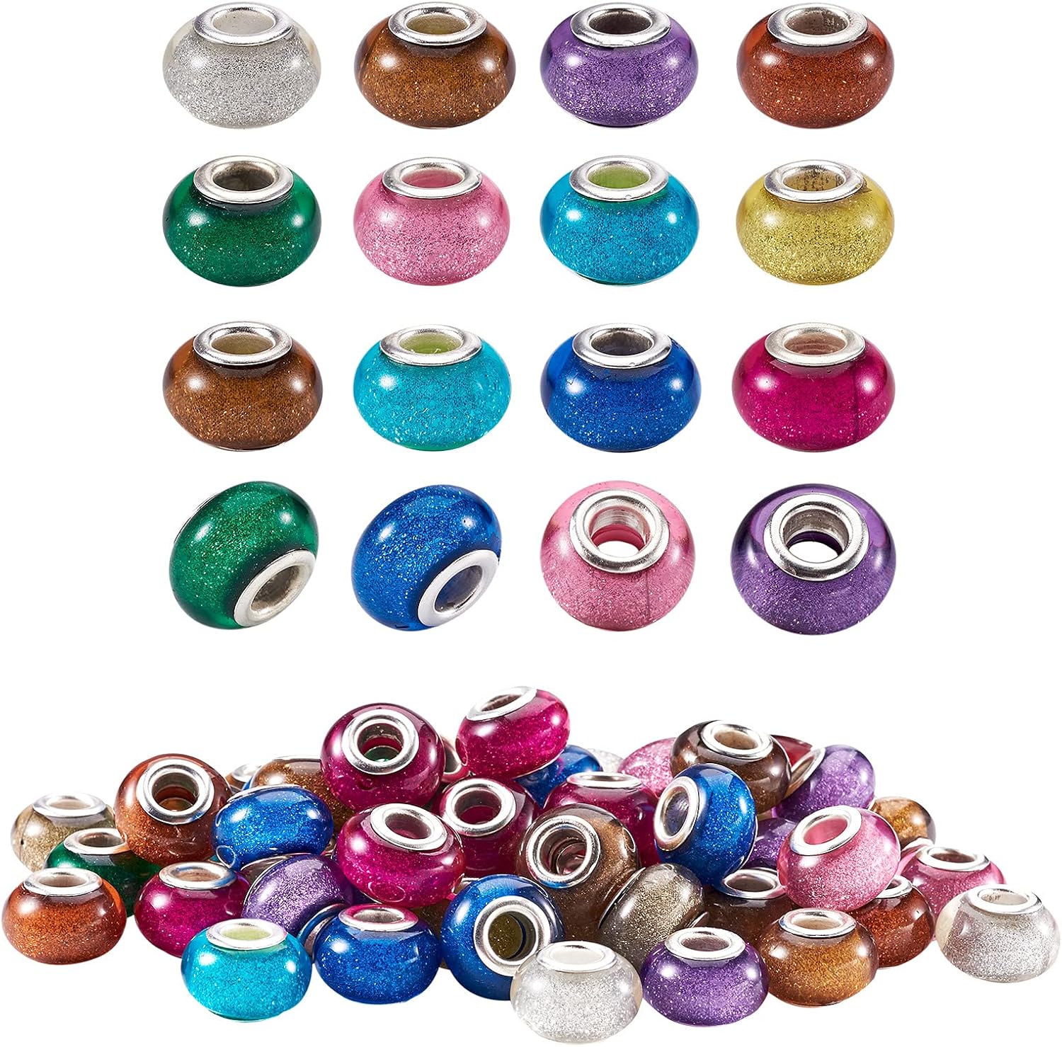 Beadthoven 100 cuentas europeas acrílicas de color mixto con agujero grande con latón plateado doble núcleos de 0.551 x 0.354 in, patrón surtido de