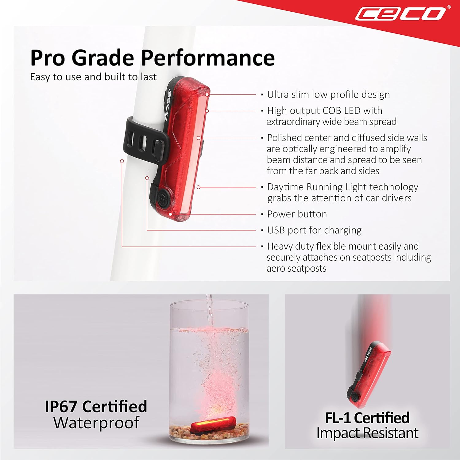 -Estados Unidos Luz trasera de bicicleta recargable USB de 60 lúmenes – Super Wide & Bright Modelo TC60 Luz trasera de bicicleta – IP67 impermeable,