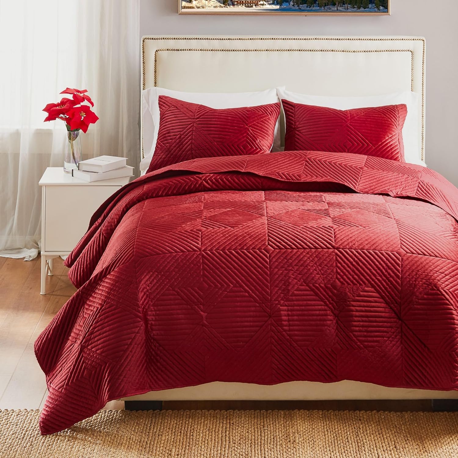 Riviera – Juego de edredón y fundas de almohada de terciopelo, 3 piezas, KingCal King, color rojo