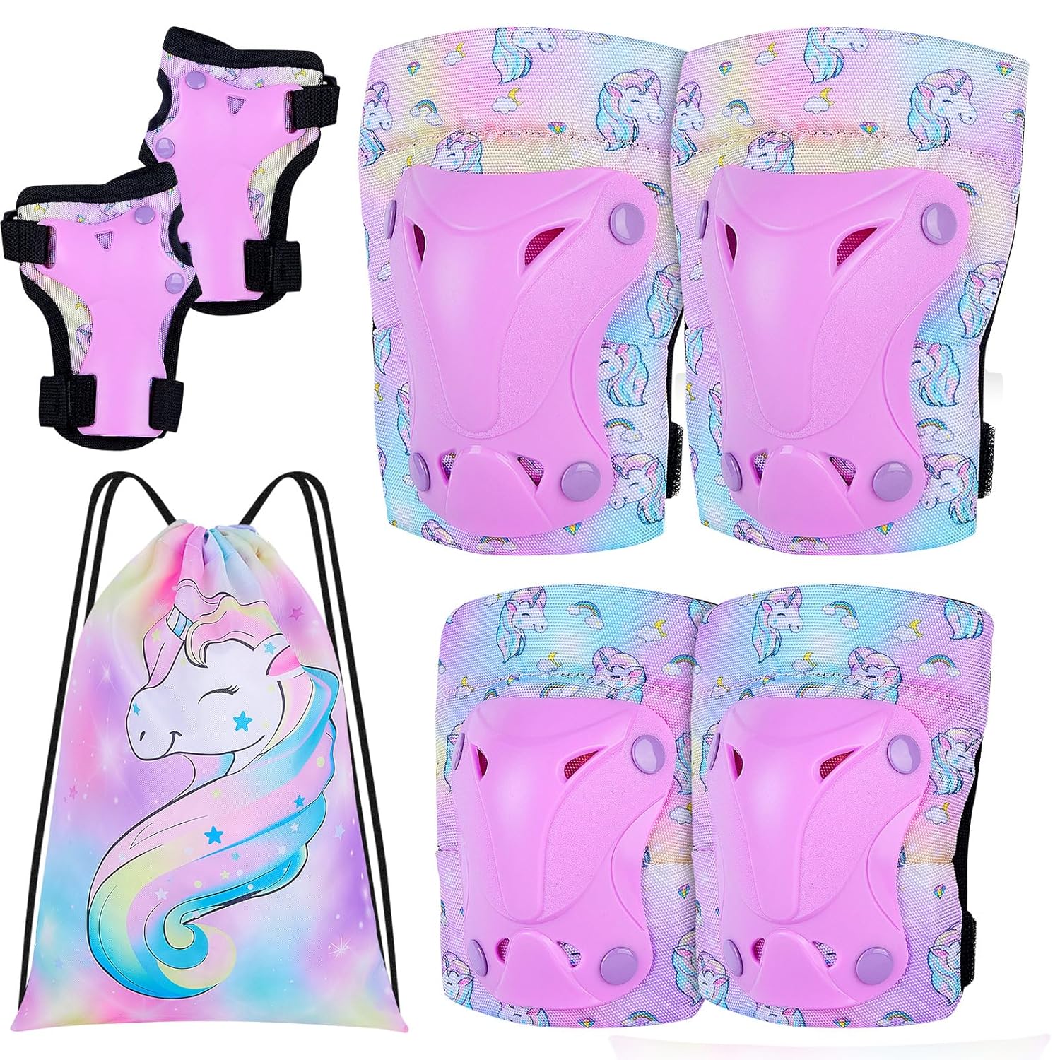 FIODAY Rodilleras para niños, rodilleras de unicornio, coderas, muñequeras con bolsa de cordón, juego de equipo de protección ajustable para niñas y