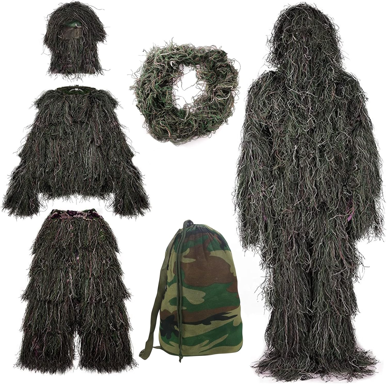 Sibosen Traje Ghillie 5 en 1  Ropa de caza de camuflaje 3D que incluye chaqueta, pantalones, capucha, bolsa de transporte